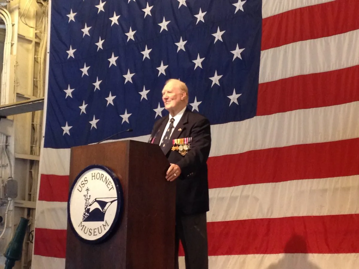 Danny Mander at the USS Hornet Museum in Alameda on March 8 recalls his days with Churchill and Montgomery. (Flora Qu/Epoch Times)