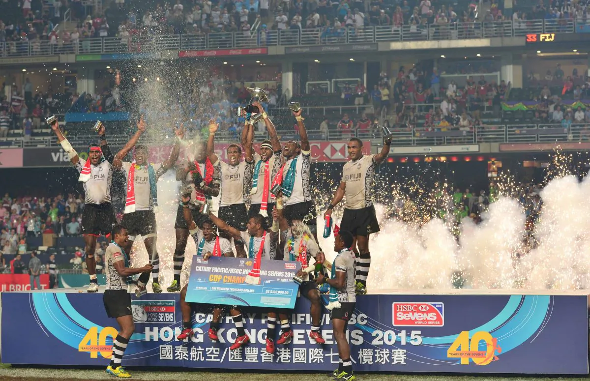The Fiji sevens team celebrate their win in the Cup Final of the Hong Kong Sevens 2015, at the Hong Kong Stadium on Sunday March 29, 2015. (Bill Cox/Epoch Times)