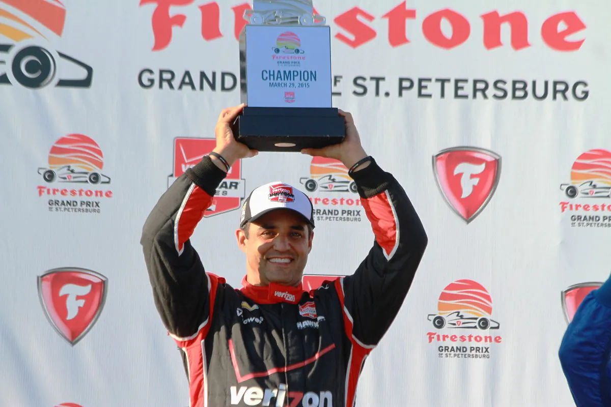 Juan Montoya celebrates winning the IndyCar Firestone Grand Prix of St. Petersburg, Sunday, March 29, 2015. (Chris Jasurek/Epoch Times)