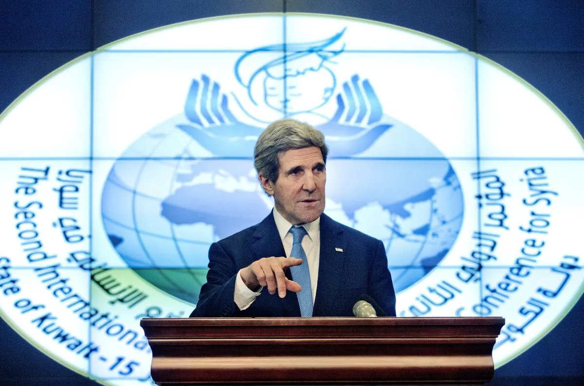 US Secretary of State John Kerry speaks during a news conference at Syria Donors Conference at the Bayan Palace in Kuwait, Wednesday, Jan. 15, 2014. (AP Photo/Pablo Martinez Monsivais)