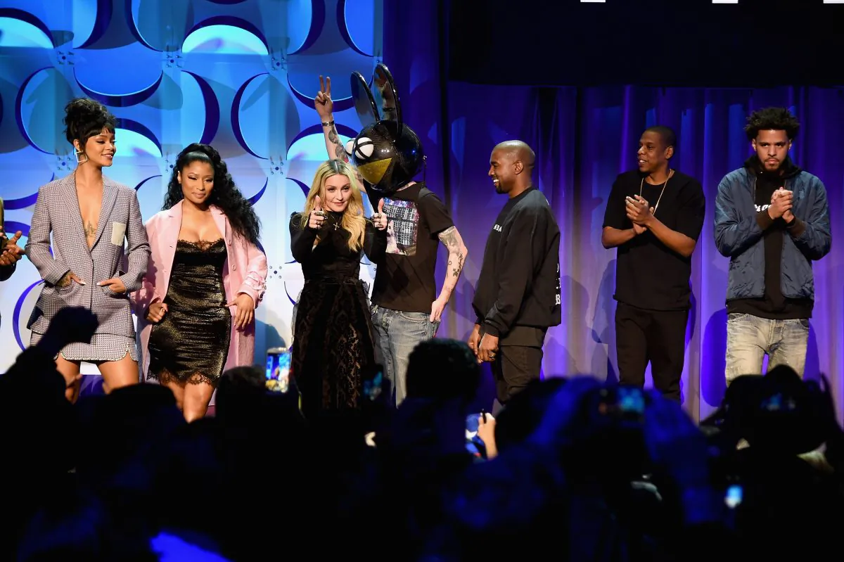  (L-R) Rihanna, Nicki Minaj, Madonna, Deadmau5, Kanye West, JAY Z, and J. Cole onstage at the Tidal launch event #TIDALforALL at Skylight at Moynihan Station on March 30, 2015 in New York City. (Jamie McCarthy/Getty Images for Roc Nation)