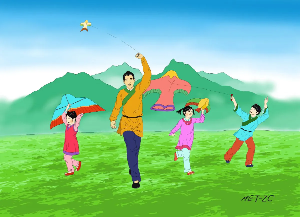 Kite flying is a popular activity during the traditional Chinese Qingming Festival, which falls on Sunday, April 5, this year. An old Qingming custom involves writing down all of one’s misfortunes on the kite, often shaped like a hawk, and then cutting the string while the kite is flying high, which symbolizes letting troubles and illnesses be gone with the wind. (Zhiching Chen/Epoch Times)
