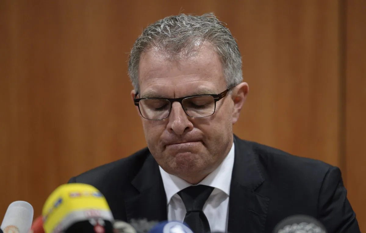 Lufthansa Group CEO Carsten Spohrin looks down during a press conference at the Barcelona airport, Spain, Wednesday March 25, 2015. (AP Photo/Manu Fernandez)