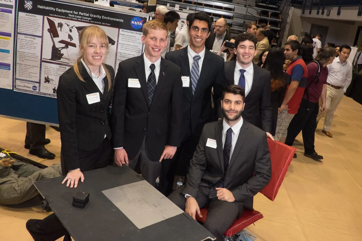 Rice University students, in collaboration with NASA, have designed prototypes of a simple and flexible set of furniture for future space habitats. (L-R) Laura Blumenschein, Alex Schmidt, Archit Chaba and Rey Amendola. Seated, and Daniel Peera. (Jeff Fitlow/Rice University)