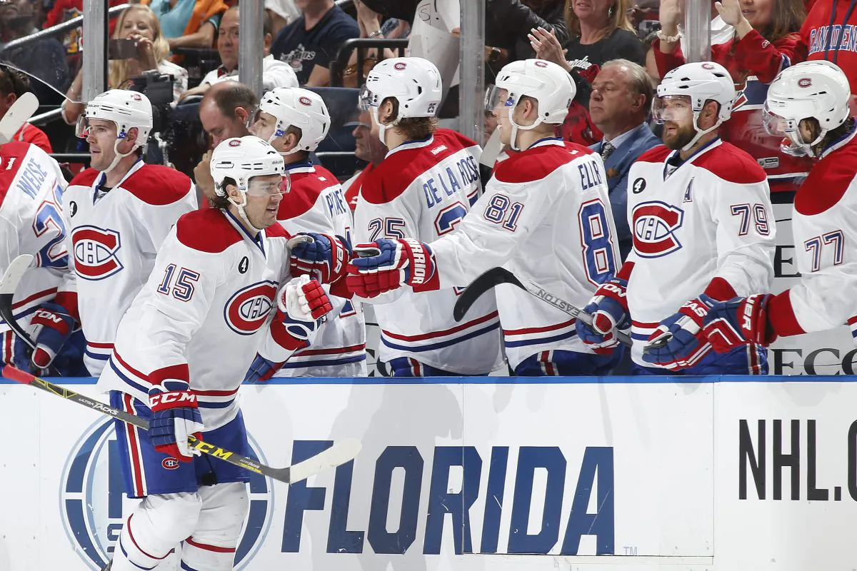 Montreal Canadiens’ P.A. Parenteau is congratulated by teammates after scoring a second-period goal against the Florida Panthers on April 5, 2015 in Sunrise, Florida. (Joel Auerbach/Getty Images)