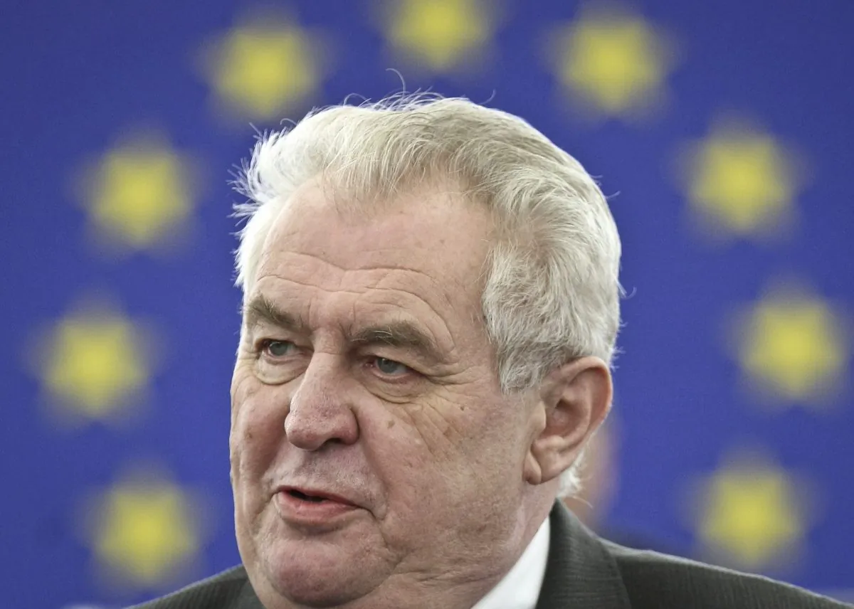 In this Feb. 26, 2014 file picture Czech Republic's President Milos Zeman delivers his speech at the European Parliament in Strasbourg, eastern France. Czech President Milos Zeman and the U.S. ambassador to Prague Andrew Shapiro are in a rare public dispute over Zeman's decision to attend a Russian military parade in Moscow. (AP Photo/Christian Lutz, File)