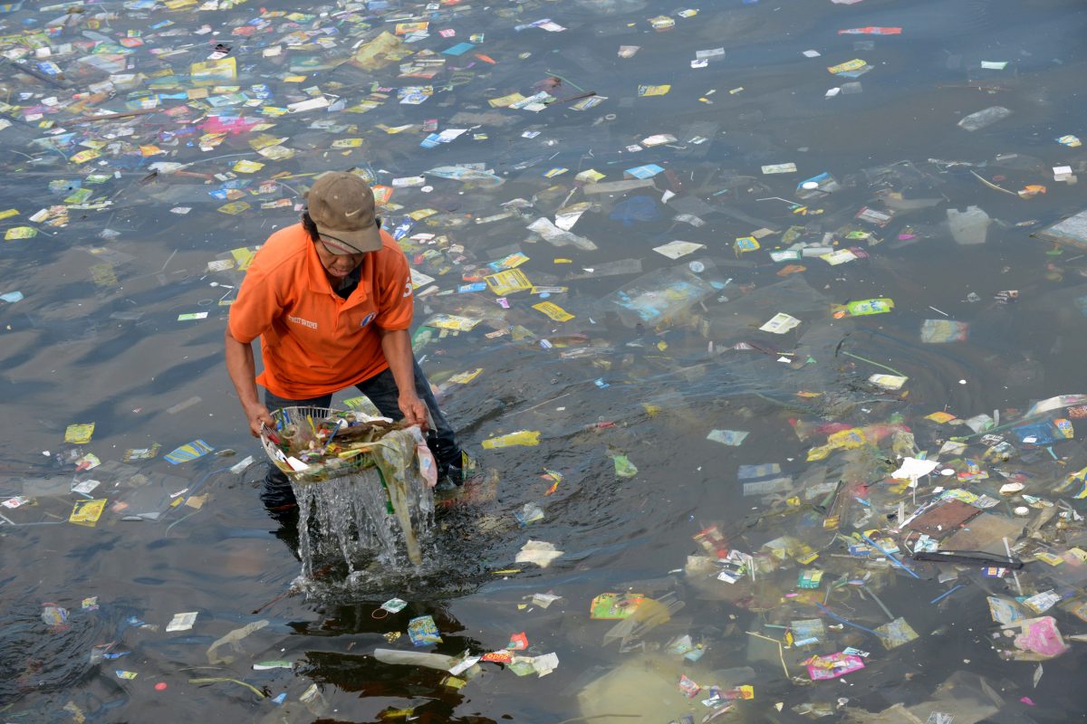 plastic waste in a waterway