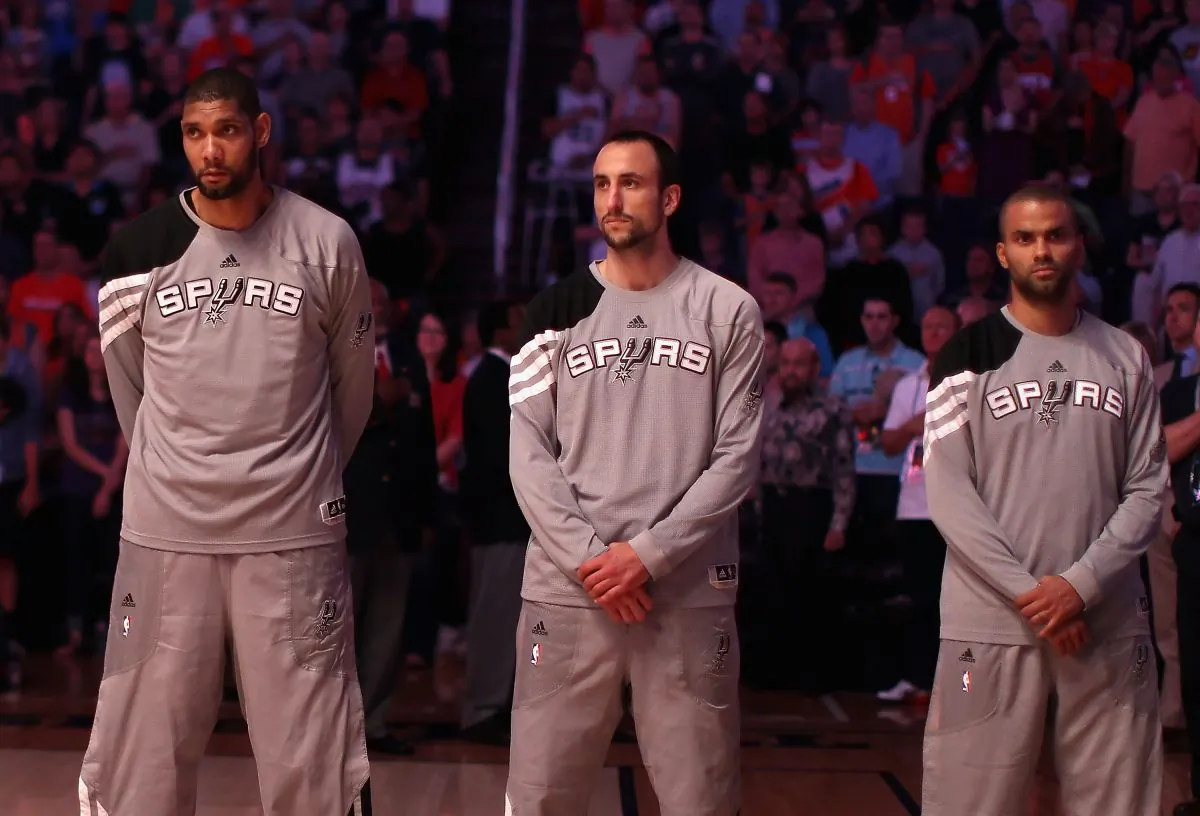 Tim Duncan (L), Manu Ginobili (C), and Tony Parker of the San Antonio Spurs have played more games together than any trio in NBA history. (Christian Petersen/Getty Images) 