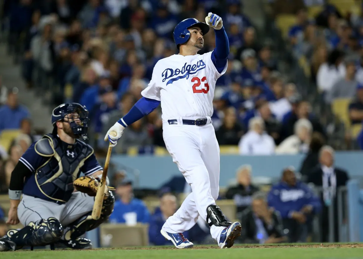 Adrian Gonzalez of the Los Angeles Dodgers hits his third home run of the game, and fifth of the season, against the San Diego Padres at Dodger Stadium on April 8, 2015 in Los Angeles, California (Photo by Stephen Dunn/Getty Images)