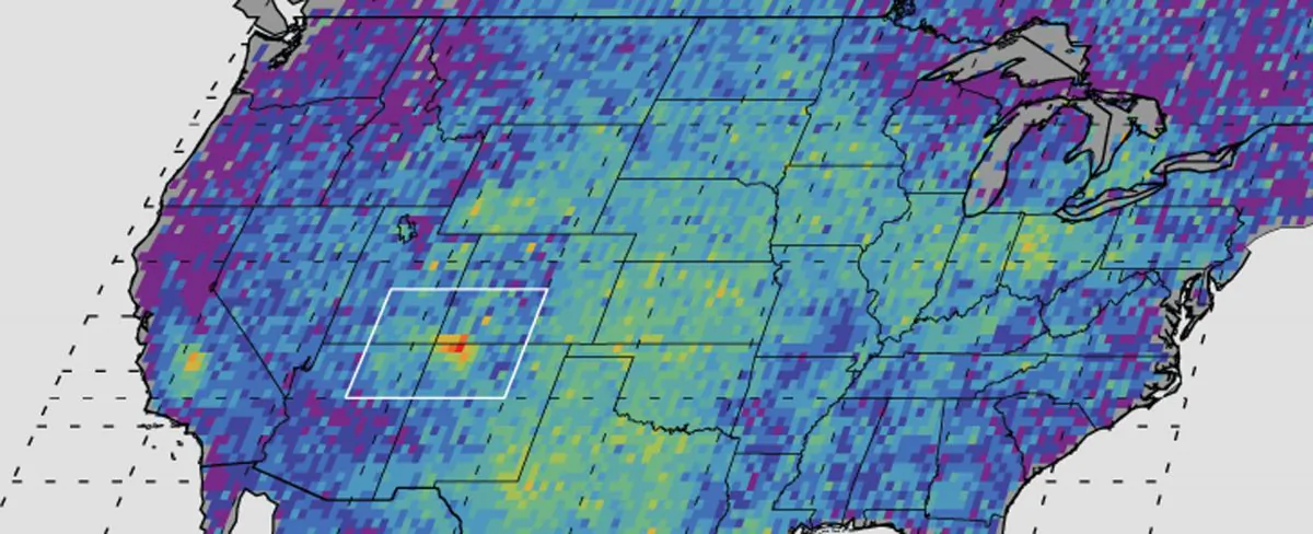 his undated handout image provided by NASA/JPL-Caltech/University of Michigan, shows The Four Corners area, in red, left, is the major U.S. hot spot for methane emissions in this map showing how much emissions varied from average background concentrations from 2003-2009 (dark colors are lower than average; lighter colors are higher. Satellite data spotted a surprising hot spot of the potent heat-trapping gas methane over part of the American southwest. Those measurements hint that U.S. Environmental Protection Agency considerably underestimates leaks of natural gas, also called methane. In a new look at methane from space, the four corners area of New Mexico, Colorado, Arizona and Utah jump out in glowing red with about 1.3 million pounds of methane a year. That’s about 80 percent more than the EPA figured and traps more heat than all the carbon dioxide produced yearly in Sweden. (AP Photo/NASA, JPL-Caltech, University of Michigan)