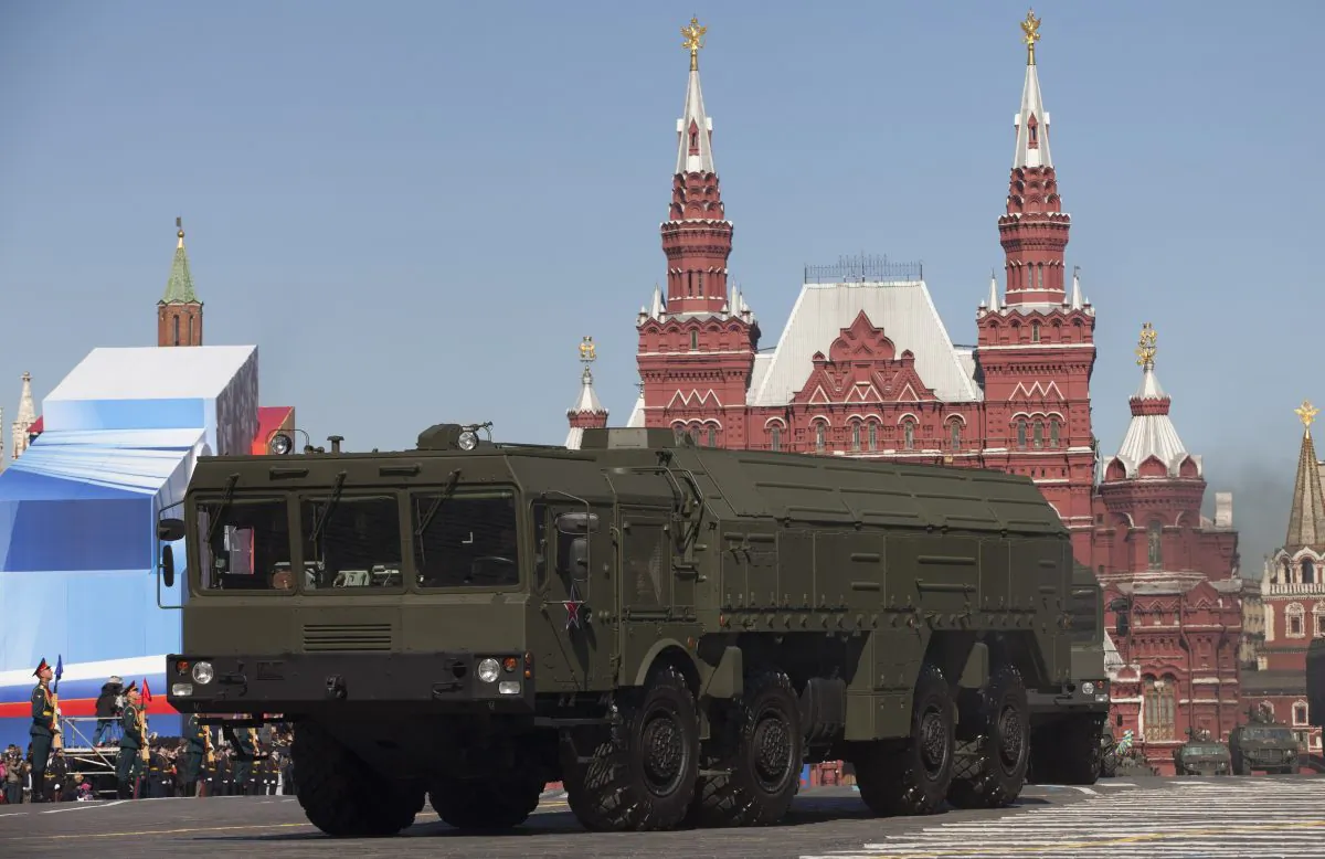 In this Tuesday, May 7, 2013 file photo, Russian Iskander missiles make their way through Red Square during a rehearsal for the Victory Day military parade in Moscow, Russia.  (AP Photo/Alexander Zemlianichenko, File)