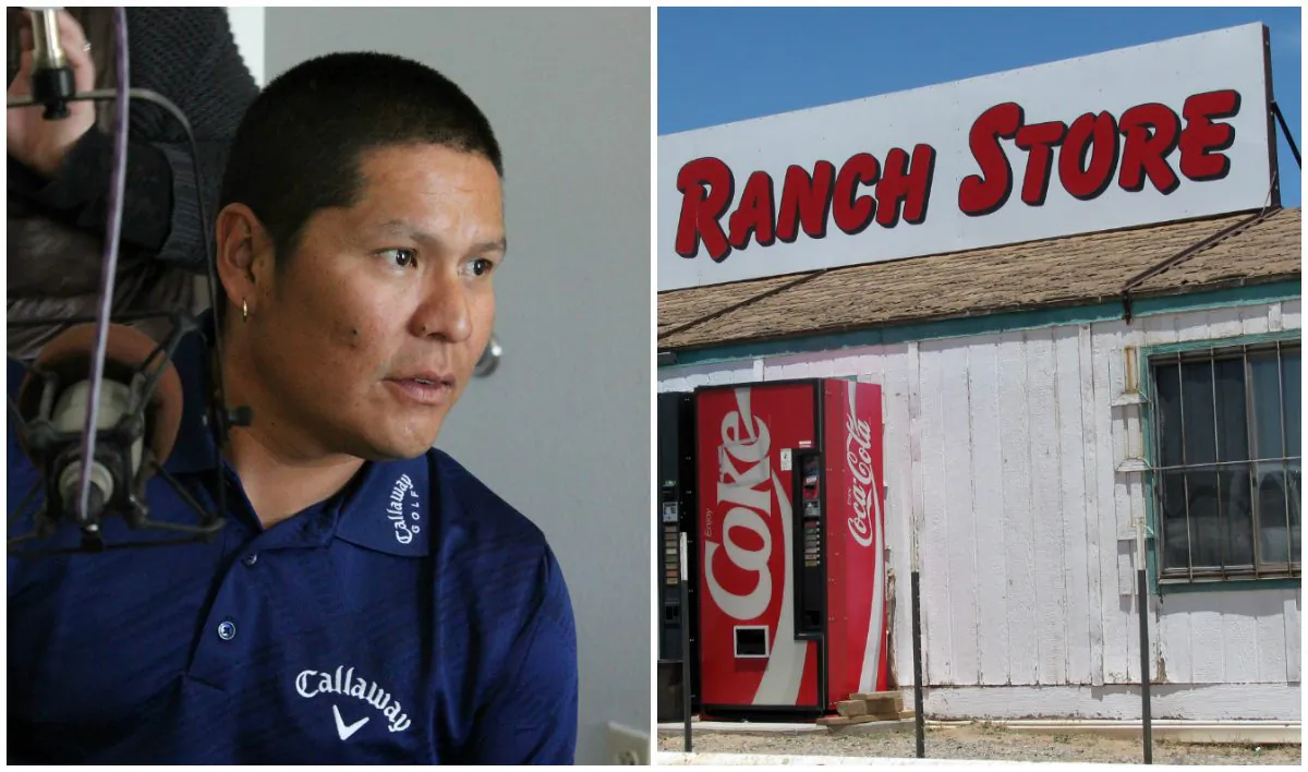 Professional golfer Notah Begay III talks to students in Albuquerque, N.M., about his mission to combat diabetes among Native American youth in a 2011 file photo on the right; on the left, a store on Navajo Nation in a file photo. (AP Photo/Susan Montoya Bryan; AP Photo/Barry Massey)
