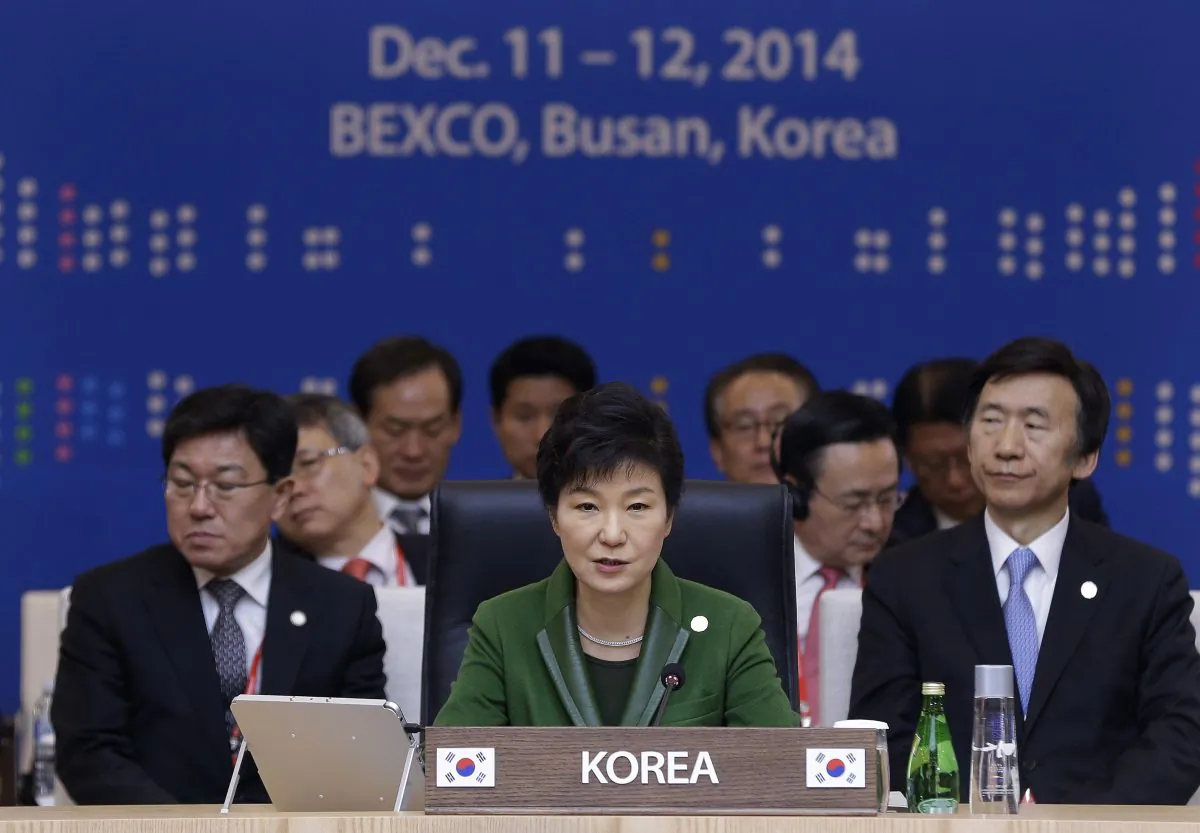 South Korea's President Park Geun-hye (C) delivers a statement during the formal session of the ASEAN-Republic of Korea Commemorative Summit in Busan on December 12, 2014. (Ahn Young-Joon/AFP/Getty Images)