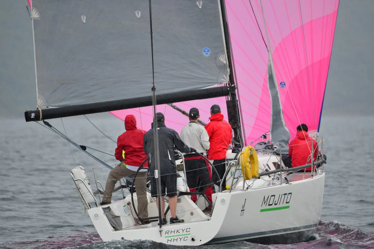 ‘Mojito’ with 3-wins and a second place heads the IRC division of the Hebe Haven Jeanneau Spring Saturday Series after Race day-3 on Saturday April 11, 2015. (Bill Cox/Epoch Times)