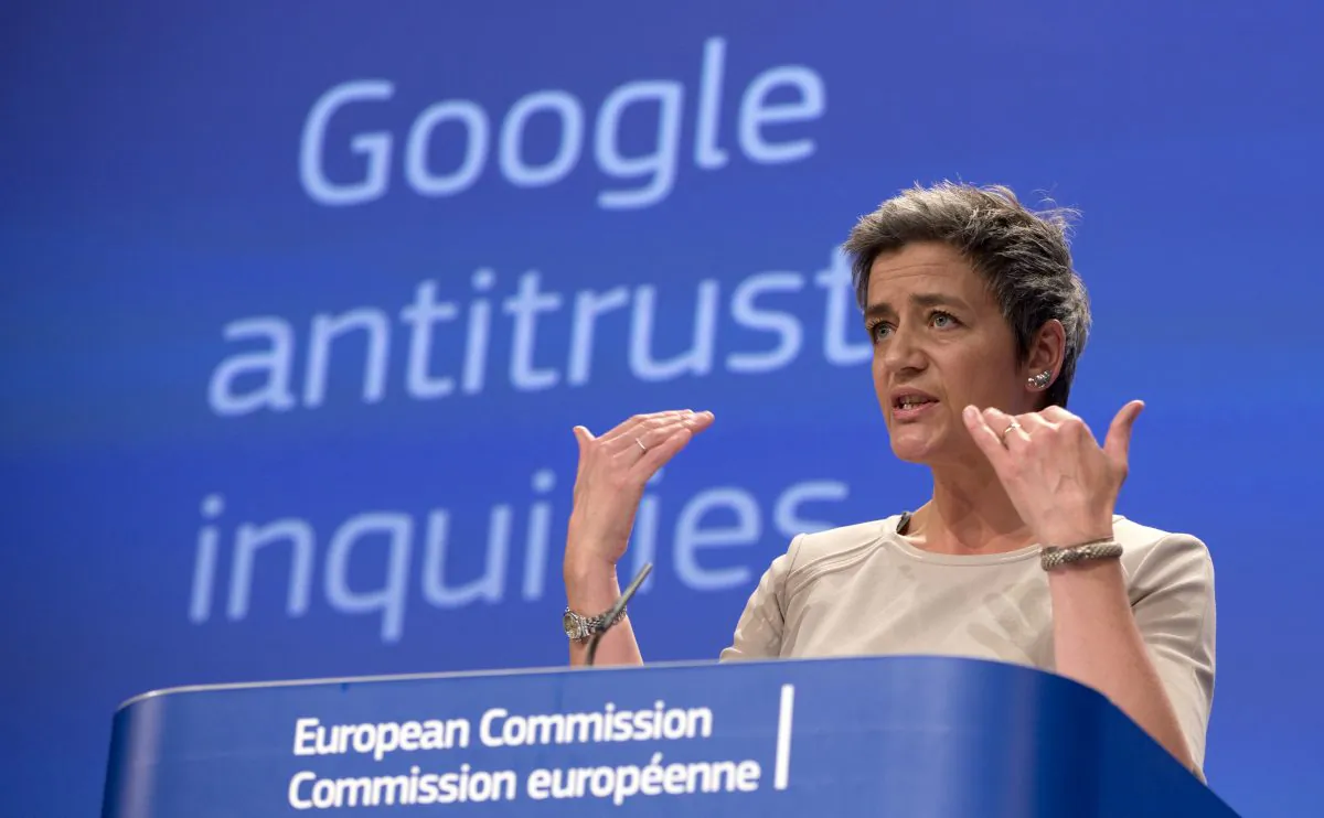 European Union's competition chief Margrethe Vestager speaks during a media conference regarding Google at EU headquarters in Brussels on Wednesday, April 15, 2015. The European Union's executive hit Google with an official antitrust complaint on Wednesday that alleges the company abuses its dominance in Internet searches and also opened a probe into its Android mobile system. (AP/Virginia Mayo)