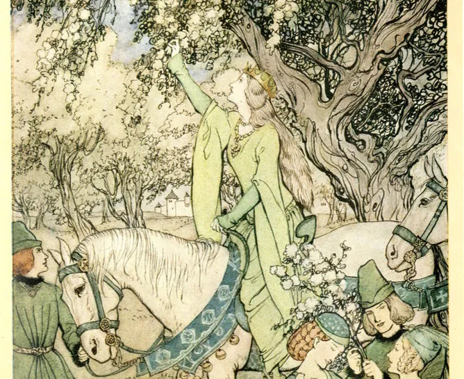 Guenevere in May, Malory’s Le Morte D'Arthur, abridged ed. Alfred W. Pollard, illustrations by Arthur Rackham, 1917. (Bangor University Library Rare Book Collection, Author provided)