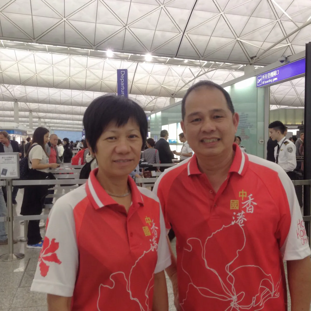 Hong Kong bowlers Celena Kwok (left) and Stephen Chan when they departed for Australia to participate in the 11th World Cup Singles Championship on April 10, 2015. They faced a formidable task with thirty seven elite bowlers from 21 countries taking part in the event from April 15-23. (Herbert Kwok)