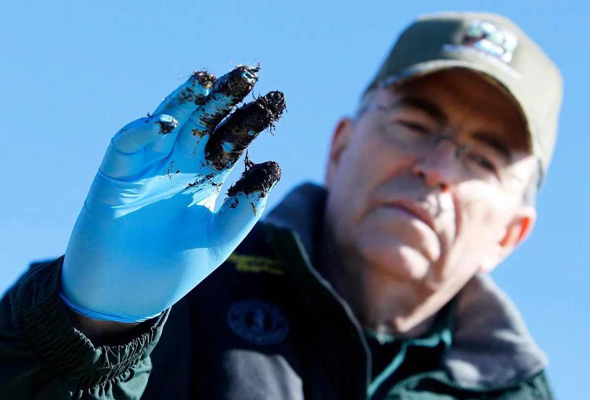 Louisiana Department of Wildlife and Fisheries Secretary Robert Barham holds up an oiled glove after finding new deposits of oiled marshland in Port Sulphur, La., on Jan. 7, 2011. (Sean Gardner/Getty Images)