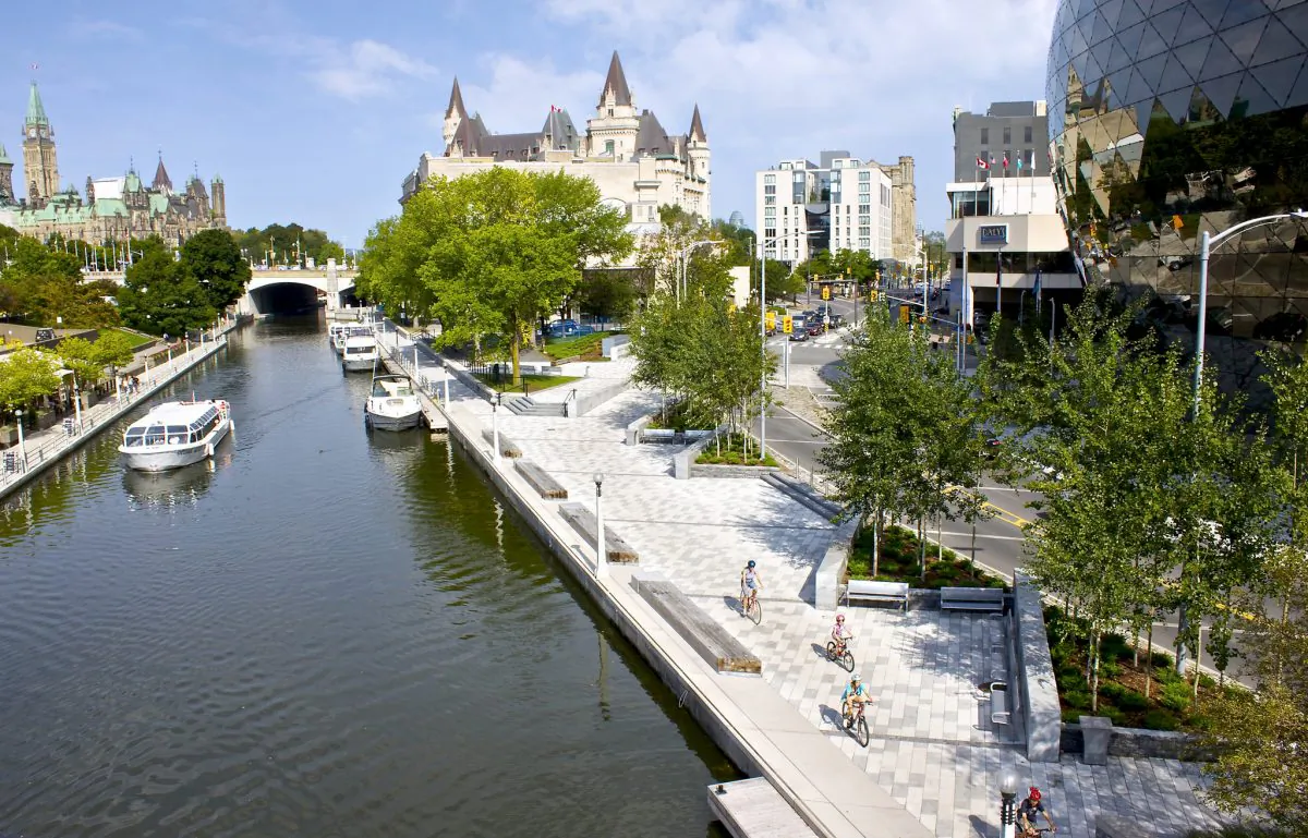 The Rideau Canal, a UNESCO World Heritage Site, was opened in 1832 as a precaution in case of war with the United States. It is the oldest continuously operated canal system in North America, and is used today primarily for pleasure boating. When the canal freezes in winter, part of it is used as a skating rink. (Ottawa Tourism)