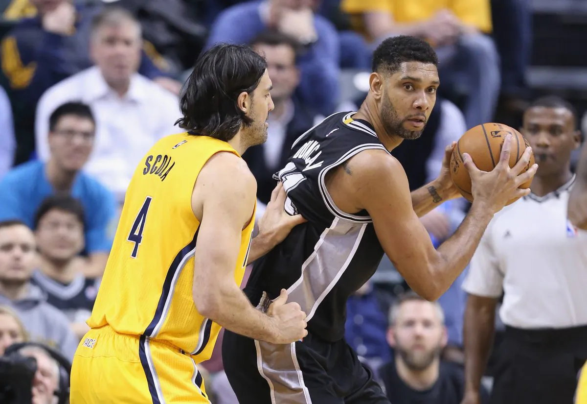 Tim Duncan of the San Antonio Spurs is looking to win his sixth NBA title this summer. (Andy Lyons/Getty Images)
