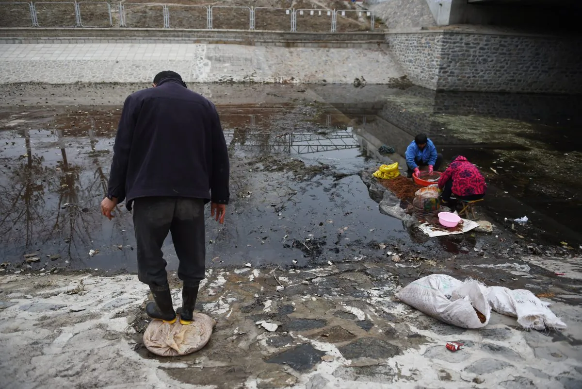 Chinese women washing seeds on Nov. 27, 2014 in a disused Beijing canal. (GREG BAKER/AFP/Getty Images)