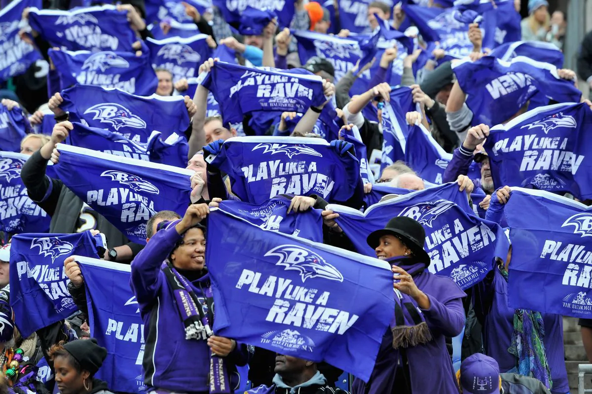 Fans wave flags as the Baltimore Ravens take on the Cleveland Browns at M&T Bank Stadium on December 28, 2014 in Baltimore, Maryland. (Larry French/Getty Images) 