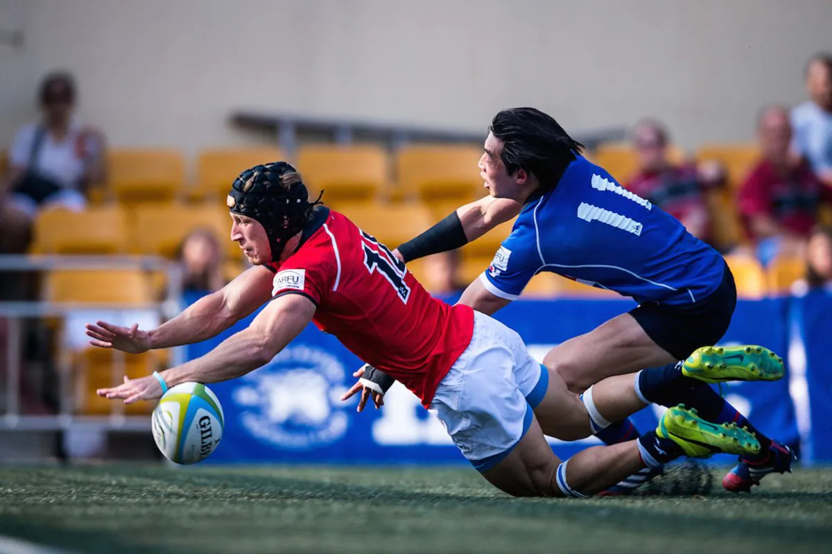 Winger Tom McQueen touches down for Hong Kong's only points of the first half in their ARFU International against Korea at the Hong Kong Football Ground on Saturday April 25.
( ARFU)