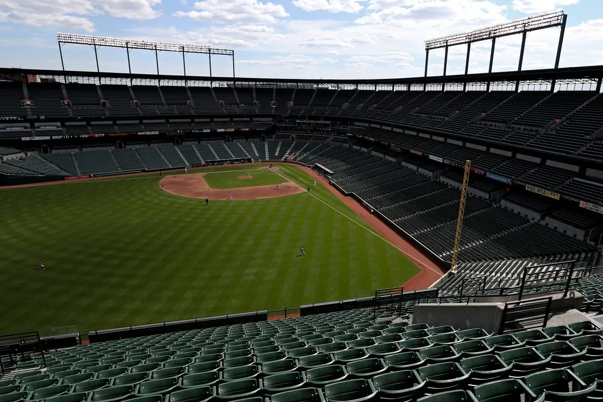 The Baltimore Orioles played the Chicago White Sox at an empty Oriole Park at Camden Yards on April 29 in Baltimore, Maryland. (Patrick Smith/Getty Images)
