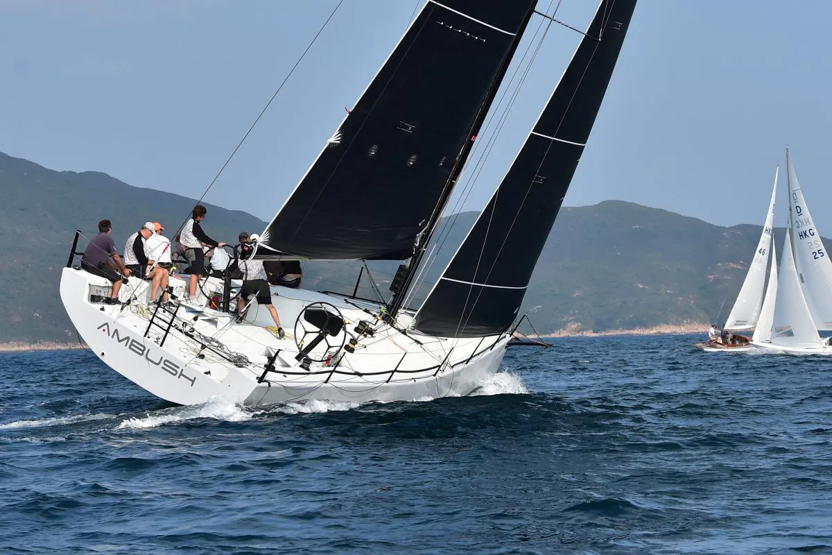 The new Mills 41 ‘Ambush’ racing upwind in the Jeanneau Spring Saturday Series at Port Shelter on Saturday April 25, 2015. ‘Ambush’ won line honours in both of the IRC races and took 1st place on corrected time in Race-7. (Bill Cox/Epoch Times)