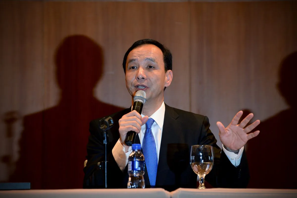 Eric Chu, chairman of Taiwan's ruling Kuomintang (KMT) party speaks during a press conference at a hotel in Beijing on May 4. The Chinese regime's leaders told Chu that a "One China" policy would be required for any business deals. (WANG ZHAO/AFP/Getty Images)
