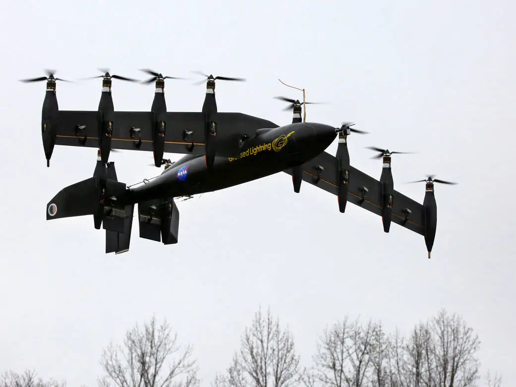 NASA's battery-powered 10-engine plane during at flight test. The electric plane takes off like a helicopter and flies like a plane. (NASA Langley/David C. Bowman)