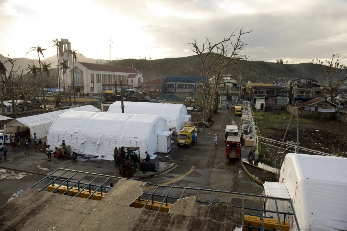 A 40 bed hospital hosted in inflatable tents raised by MSF are seen on the grounds of Bethany Hospital in Tacloban, Philippines on November 21, 2013. (ODD ANDERSEN/AFP/Getty Images)