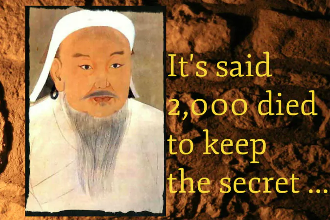 A portrait of Genghis Khan by an anonymous court painter. (Wikimedia Commons; background stone wall: Dmitriy Lesnyak/iStock/Thinkstock)