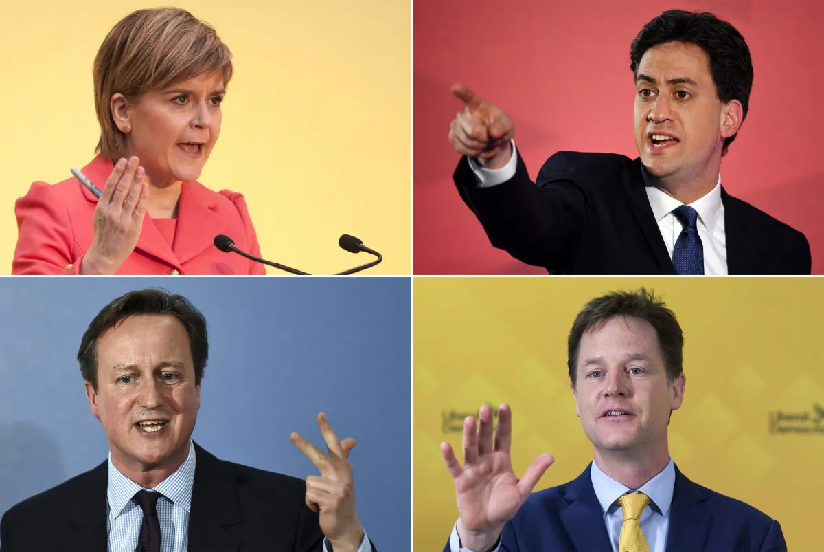 A combination picture shows (top L-R) Scottish National Party leader Nicola Sturgeon, Opposition Labour leader Ed Miliband (bottom L-R) British Prime Minister and leader of the Conservatives David Cameron and Deputy Prime Minister and leader of the Liberal Democrats Nick Clegg campaigning in the run up to the UK elections. (AFP/Getty Images)
