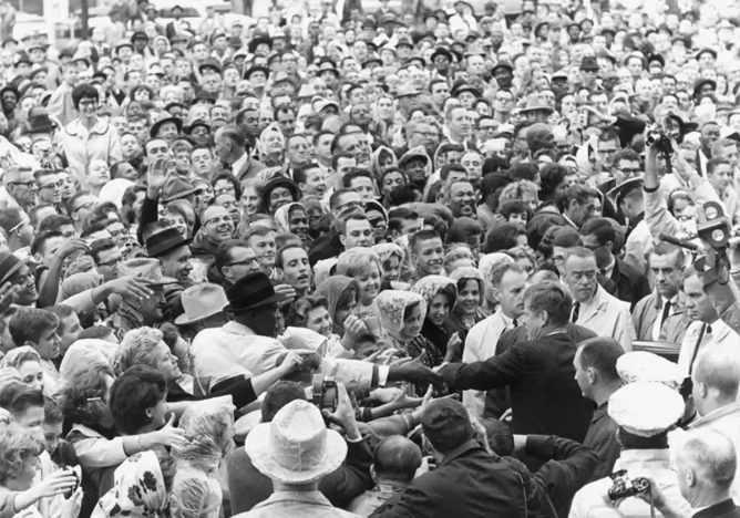 Hoards of Jack Kennedy fans would greet the candidate during his 1960 campaign for President. (Wikimedia Commons)