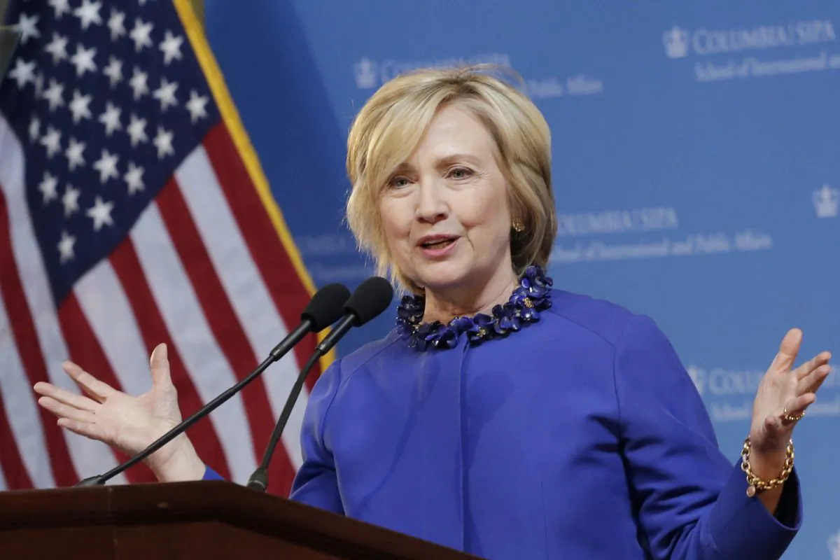 Democratic presidential hopeful former Sen. Hillary Rodham Clinton speaks at the David N. Dinkins Leadership and Public Policy Forum in New York, April 29, 2015. (AP Photo/Mark Lennihan)