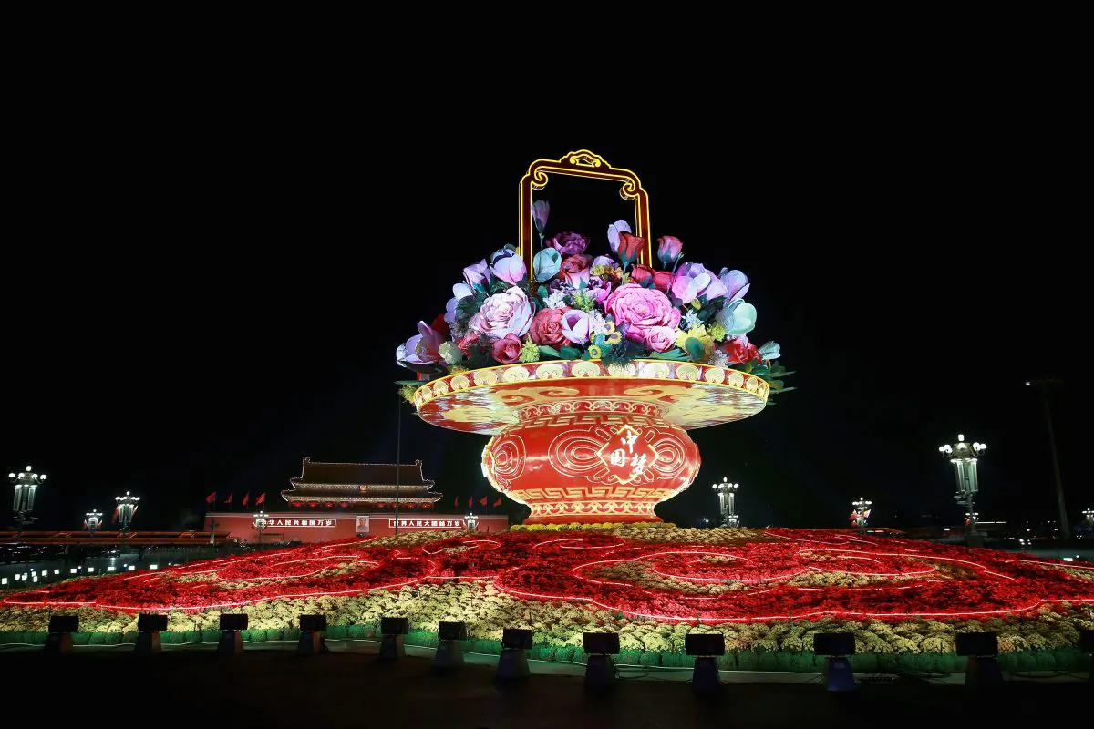 A giant flower arrangement for celebrating the 65th anniversary of the founding of the People's Republic of China is seen at Tiananmen Square on September 30, 2014 in Beijing, China (Feng Li/Getty Images)