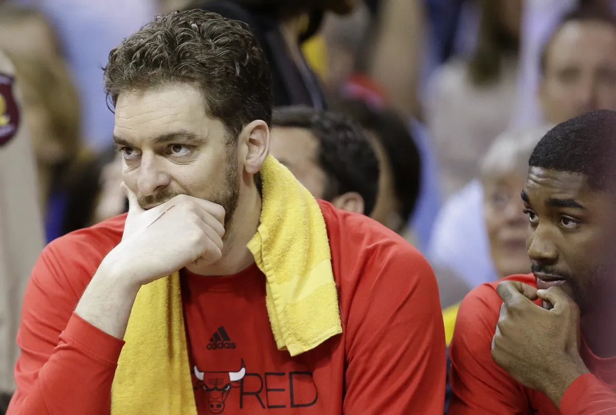 Chicago Bulls forward Pau Gasol (L) missed Sunday's Game 4 against Cleveland and may be out longer with a hamstring injury. (AP Photo/Tony Dejak) 