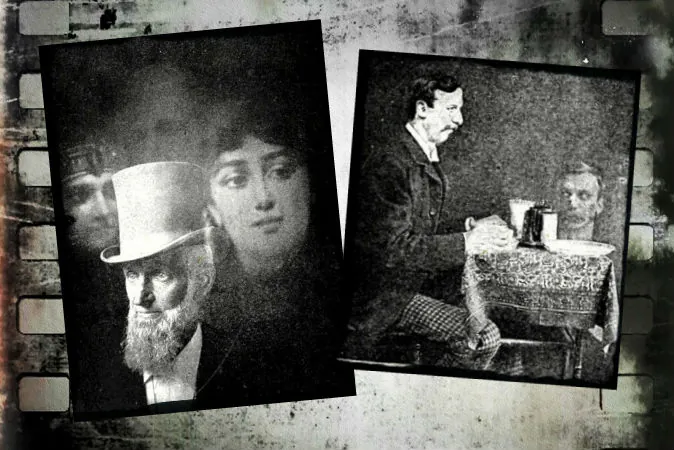 "Spirit photographs," from “Photographic Amusements,” 1896, by Walter E. Woodbury. (Public domain) Background: Film strip (Shutterstock*)