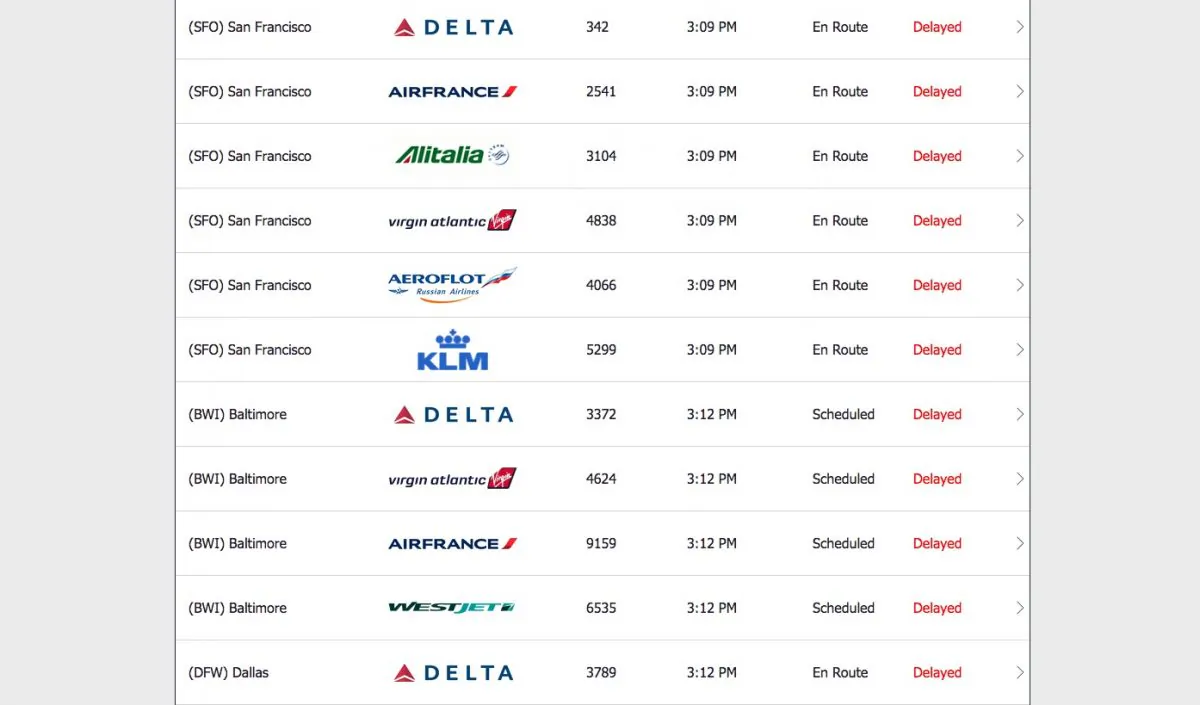 Screenshot taken at 3:12 p.m. on May 12 the arrival and departure information for JFK Airport (flightstats.com)