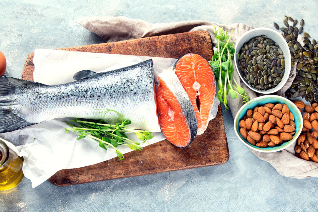 Sources of omega-3 acids. Foods high in healthy fat, vitamin and antioxidants. Top view. Panorama, banner