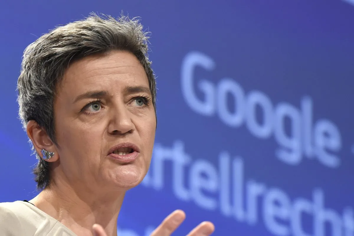 European Competition Commissioner Margrethe Vestager on April 15 in Brussels as the EU formally charged Google with abusing its dominant position as Europe's top search engine, laying the U.S. (John Thys/AFP/Getty Images)