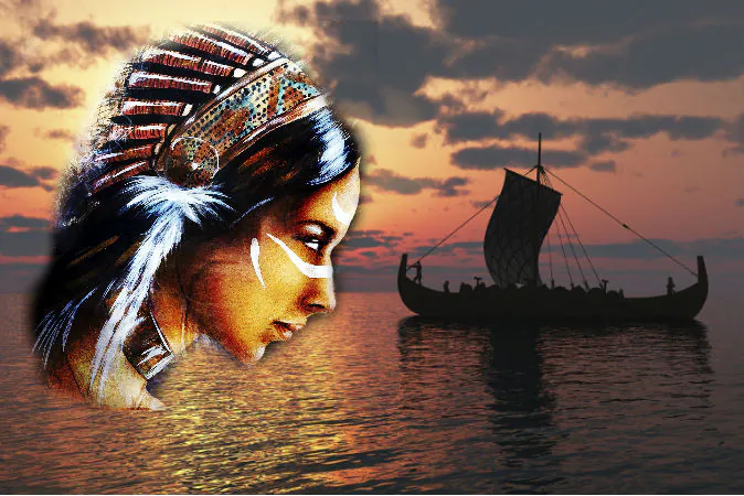 Illustration of a Native American woman ( Jozef Klopacka/iStock) Viking ship replica (Sylphe_7/iStock)