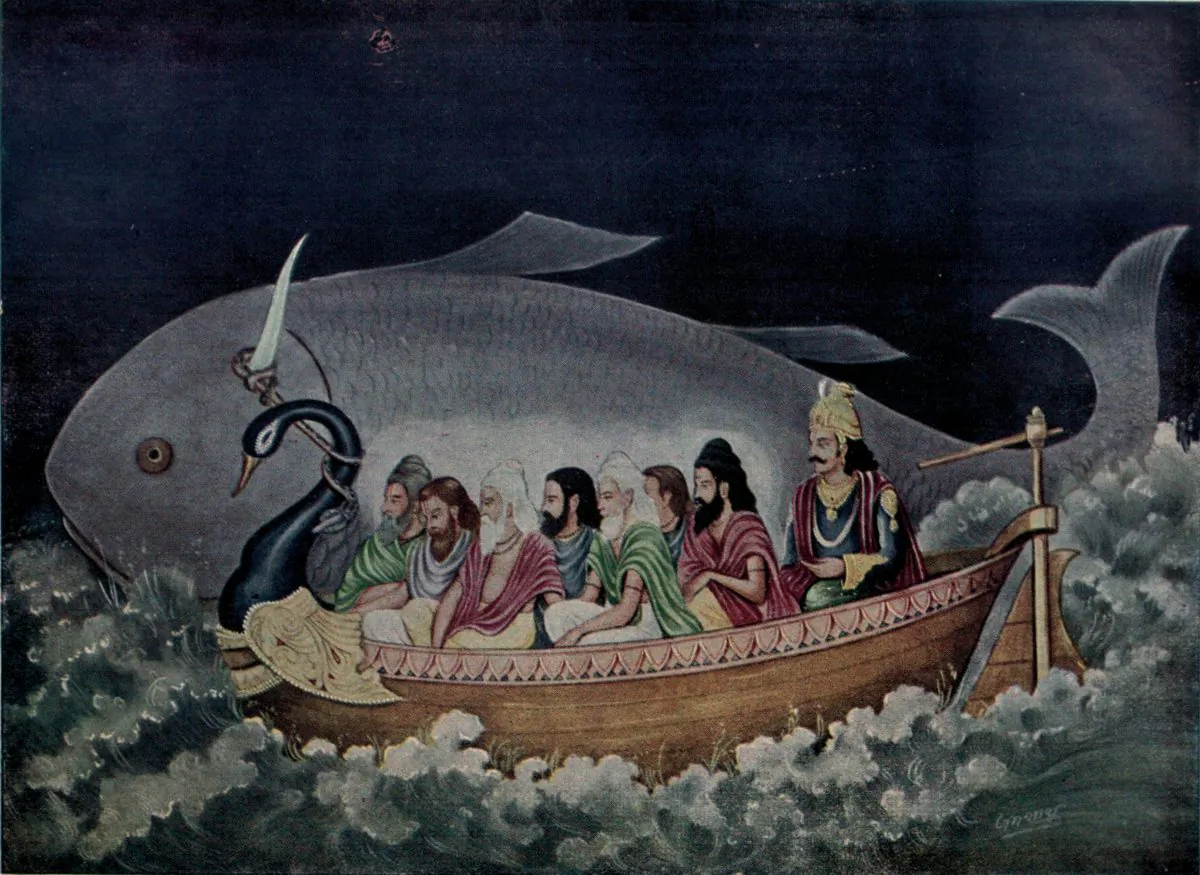 Matsya protecting Svayambhuva Manu and the seven sages at the time of the great deluge, a painting by Ramanarayanadatta astir. (Public Domain/ Wikimedia Commons)