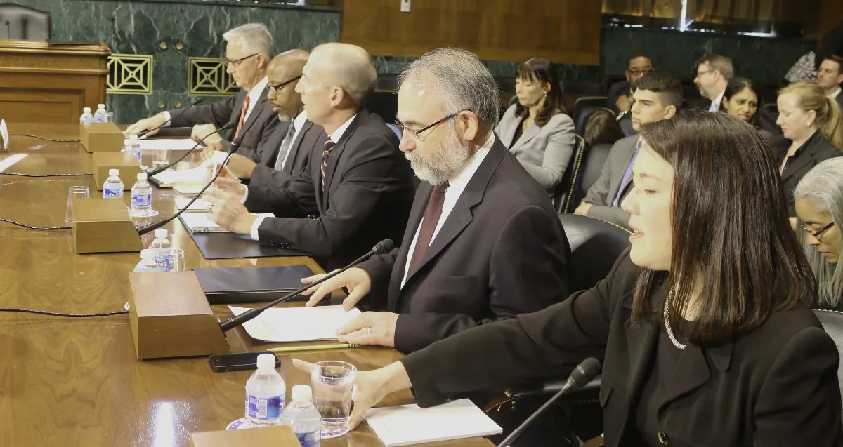 (L to R) Mark S. Cady, Iowa State Supreme Court; David Singleton, Ohio Justice & Policy Center; Neil Fulton, federal public defender; Robert Boruchowitz, Seattle University School of Law; and Erica Hashimoto, Georgia School of Law, testified before the Senate Judiciary Committee, May 13, on the constitutional right to counsel for indigents charged with misdemeanors. (Gary Feuerberg/ Epoch Times)