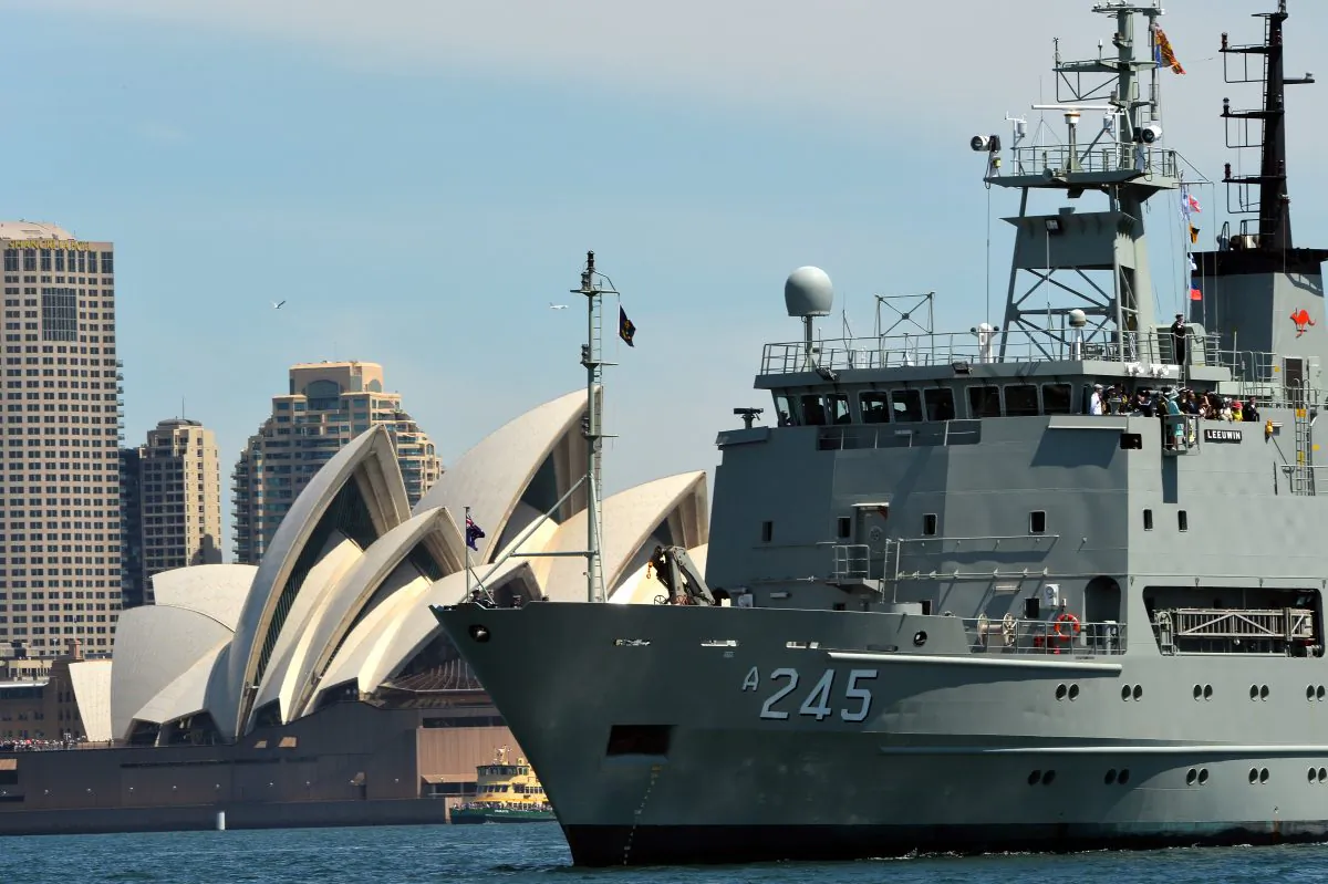 Australia's warship HMAS Leeuwin sails during the 2013 International Fleet Review in Sydney on October 5, 2013. Australia is considering sending navy ships to help challenge the Chinese regime's claims in the South China Sea. (Saeed Khan/AFP/Getty Images)