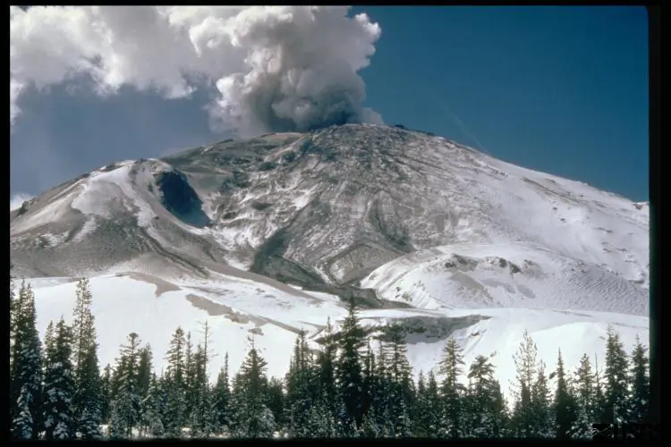 On March 20, 1980, after a quiet period of 123 years, earthquake activity began under Mount St. Helens. A week later, on March 27, small steam explosions, like this one, began. View fro the northeast.  (USGS)