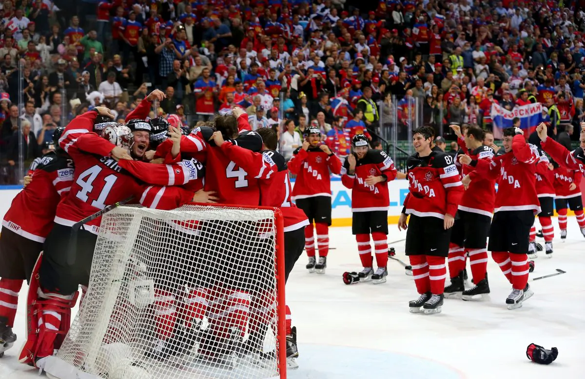 Team Canada celebrates after crushing Russia in the IIHF World Championship gold medal game at O2 Arena on May 17, 2015 in Prague, Czech Republic. (Martin Rose/Bongarts/Getty Images)