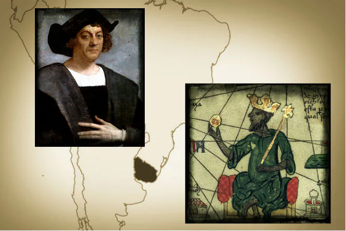 Gold that Columbus found in the Americas seems to have come from West Africa, one indication among several that a West African expedition may have preceded him. Left: Christopher Columbus, painted by Sebastiano del Piombo, 1519. Right: Mansa Musa, a 14th century ruler of the Mali Empire as depicted in the Catalan Atlas, 1375. Background: Uruguay is highlighted on a map of South America. (Wikimedia Commons)