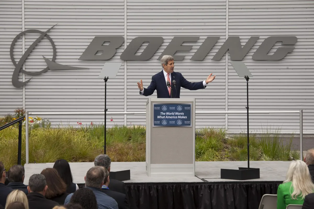 U.S. Secretary of State John Kerry at the Boeing 737 airplane factory in Renton, Wash., on May 19, 2015. Kerry visited Boeing to discuss trade issues, including the Trans-Pacific Partnership. (David Ryder/Getty Images)
